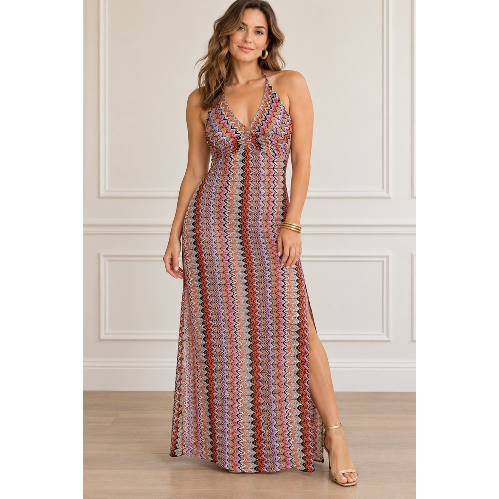 RAMY BROOK Daphne Open Knit Halter Maxi Dress 6 Zigzag Resort Mod Multicolor